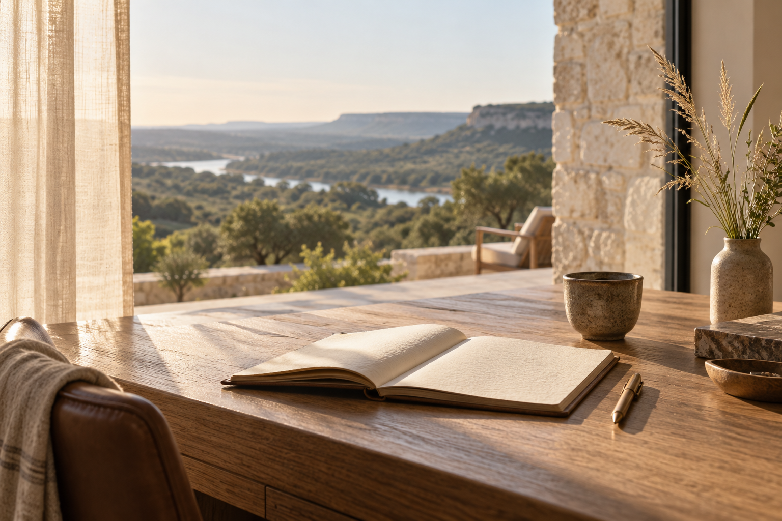 An open journal on a quiet oak desk overlooking the Texas landscape