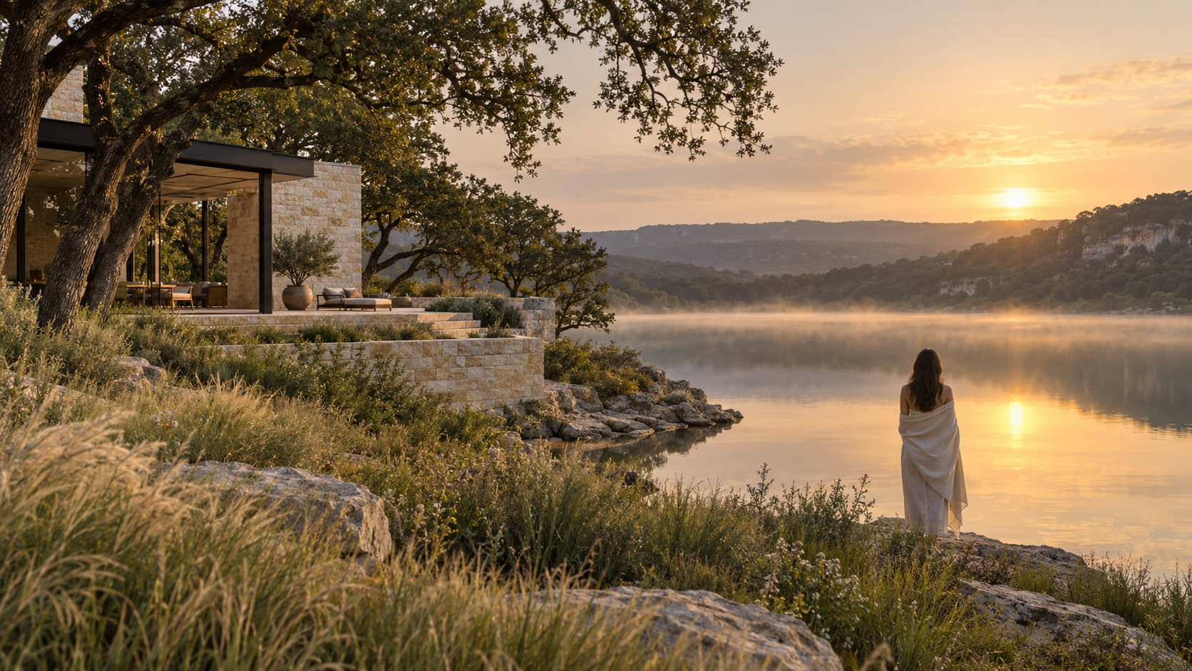 A guest standing quietly beside a Texas lake at first light