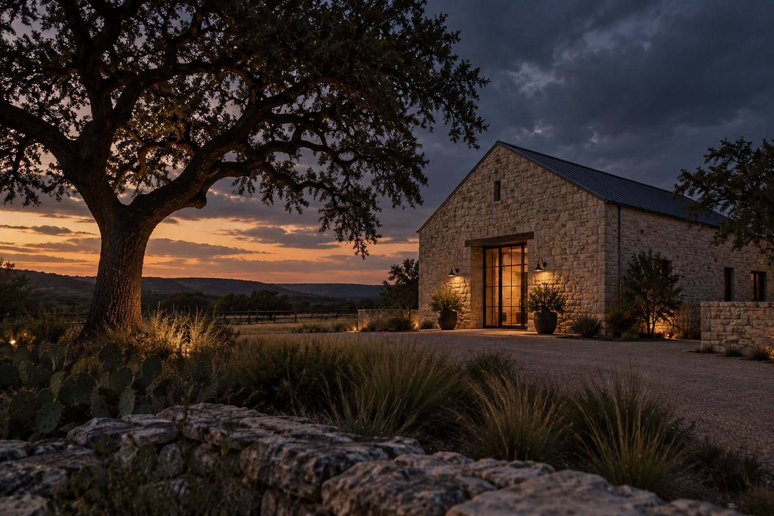 A restored Texas limestone building at dusk