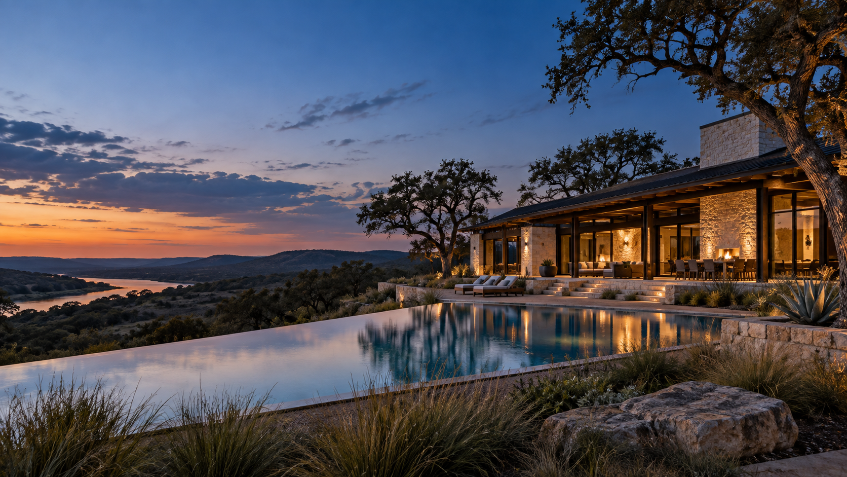 A quiet limestone retreat above the Texas landscape at blue hour